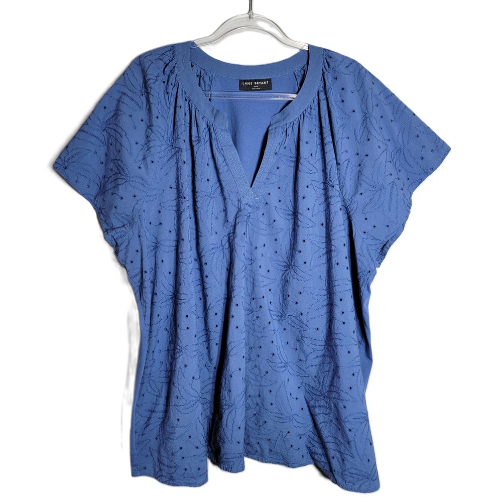 Lane Bryant Blue Eyelet Embroidered V Neck Tunic Top Plus Size 26 28 - Picture 1 of 8